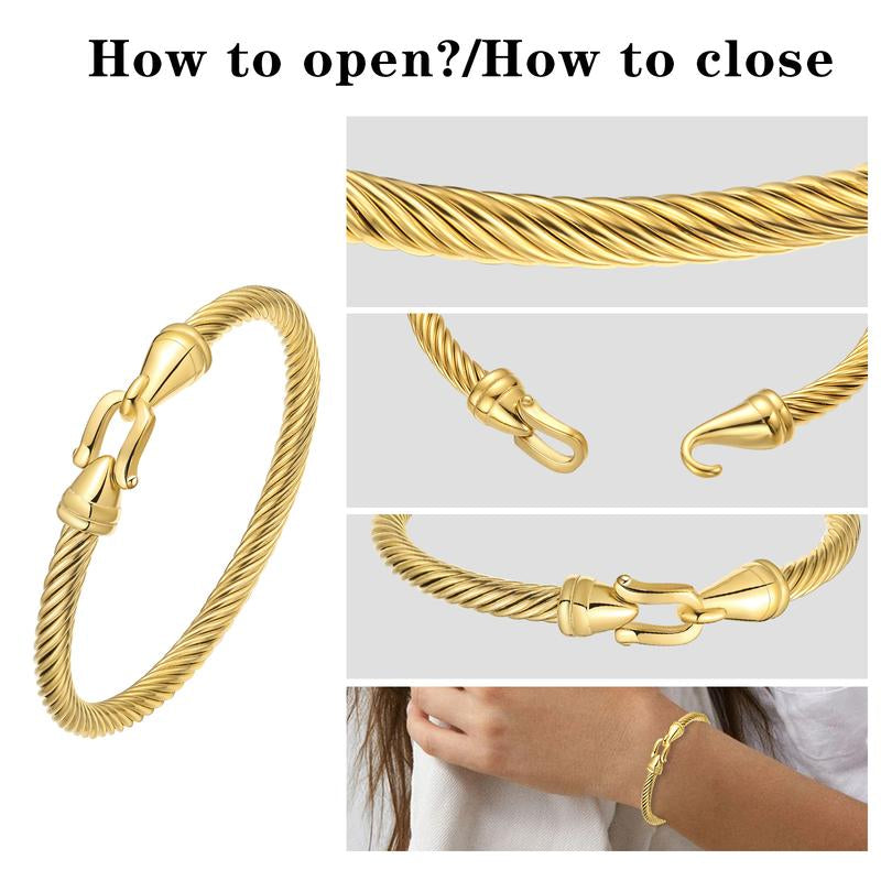 Stainless Steel Twisted Cable Wire Bracelets with Hook Adjustable Cuff Bangle Bracelet Vintage Jewelry Gift for Women